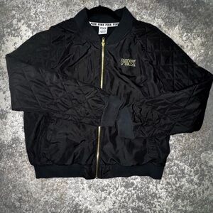 PINK Victoria's Secret Black Quilted Bomber Jacket Gold Logo Full Zip Size L